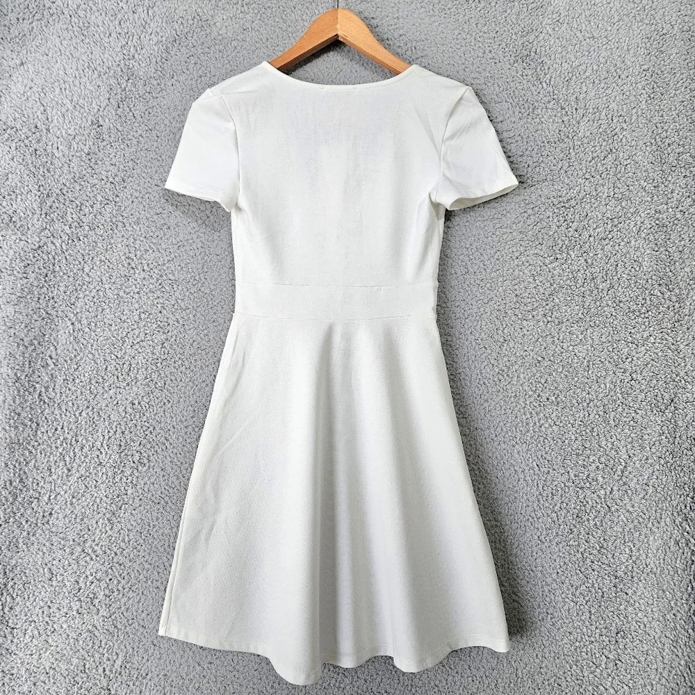 Zara White Mini Dress Small Short Sleeves V-Neck A-Line Graduation Bachelorette - Picture 3 of 10